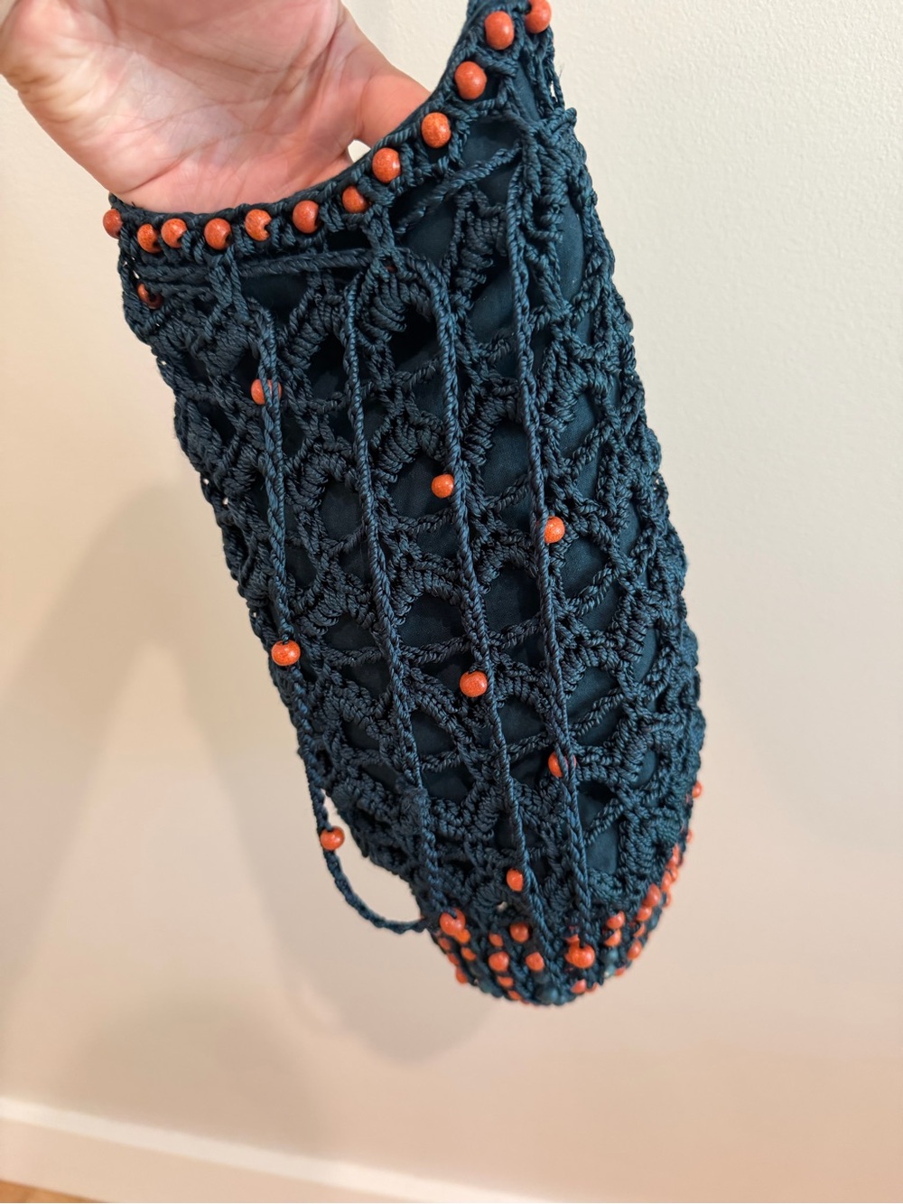 Free People Crocheted Navy Beaded Shoulder Bag Orange beads